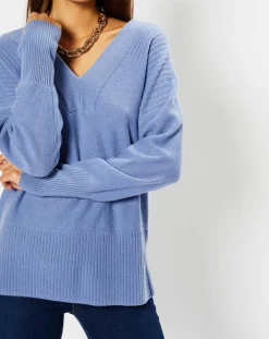 Outlet Galeries Lafayette Pull 100% Cachemire Frani col V bleu lavande