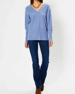 Outlet Galeries Lafayette Pull 100% Cachemire Frani col V bleu lavande