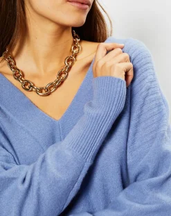 Outlet Galeries Lafayette Pull 100% Cachemire Frani col V bleu lavande