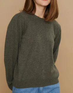 Outlet Cashmere Tribu Pull 100% Cachemire Ines col rond tressé kaki grisé
