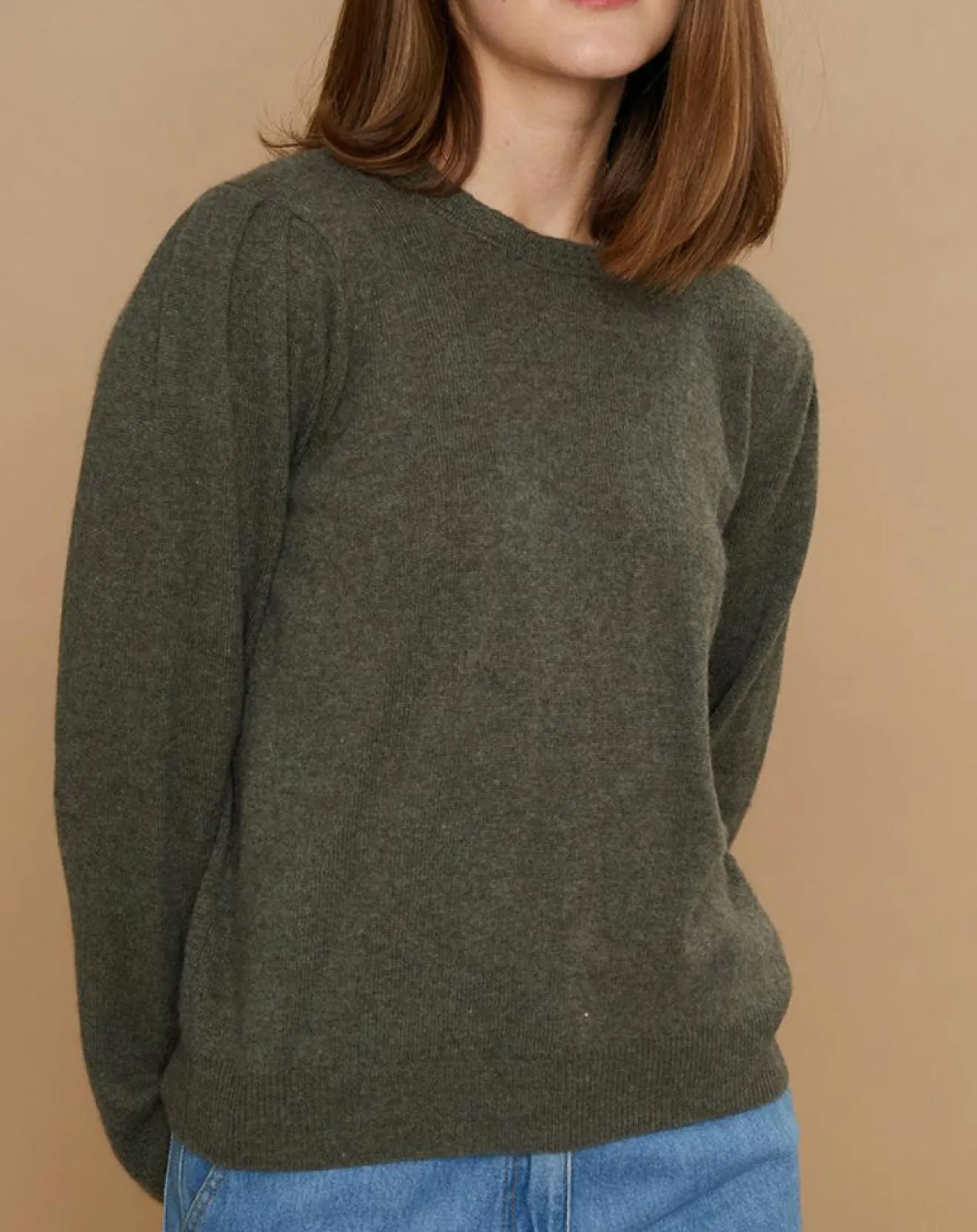 Outlet Cashmere Tribu Pull 100% Cachemire Ines col rond tressé kaki grisé