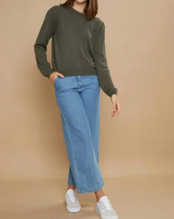 Outlet Cashmere Tribu Pull 100% Cachemire Ines col rond tressé kaki grisé