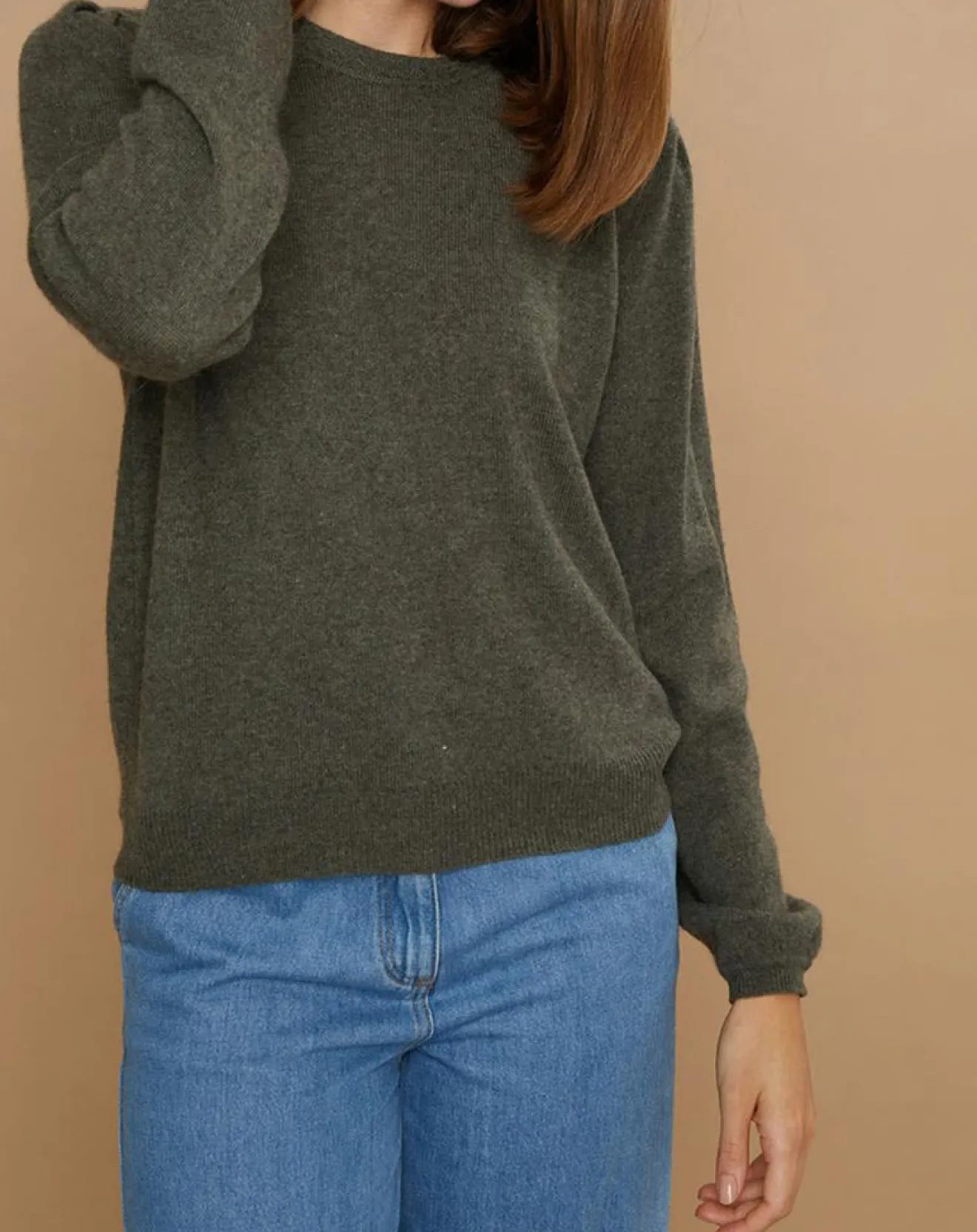 Outlet Cashmere Tribu Pull 100% Cachemire Ines col rond tressé kaki grisé