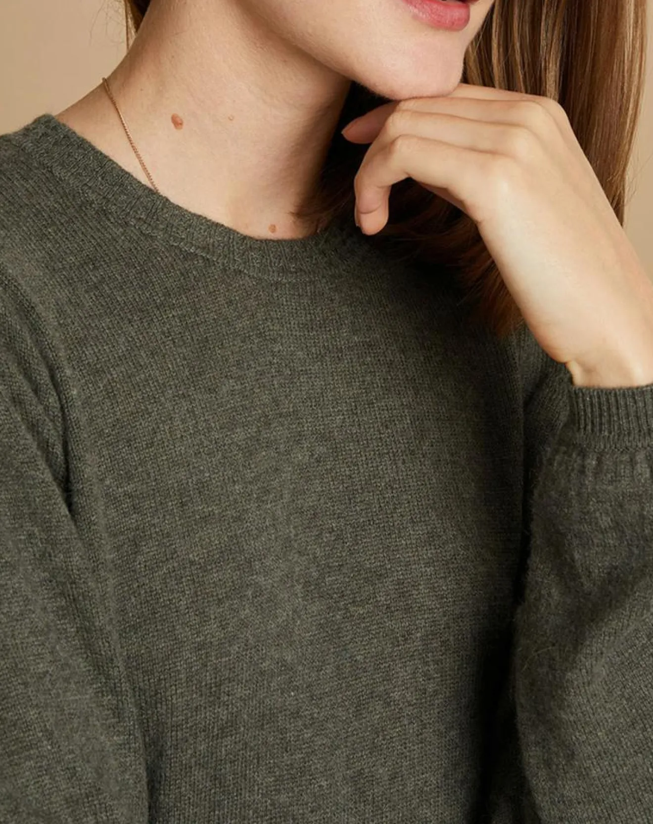 Outlet Cashmere Tribu Pull 100% Cachemire Ines col rond tressé kaki grisé