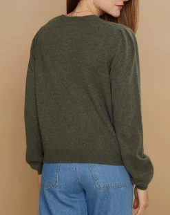 Outlet Cashmere Tribu Pull 100% Cachemire Ines col rond tressé kaki grisé