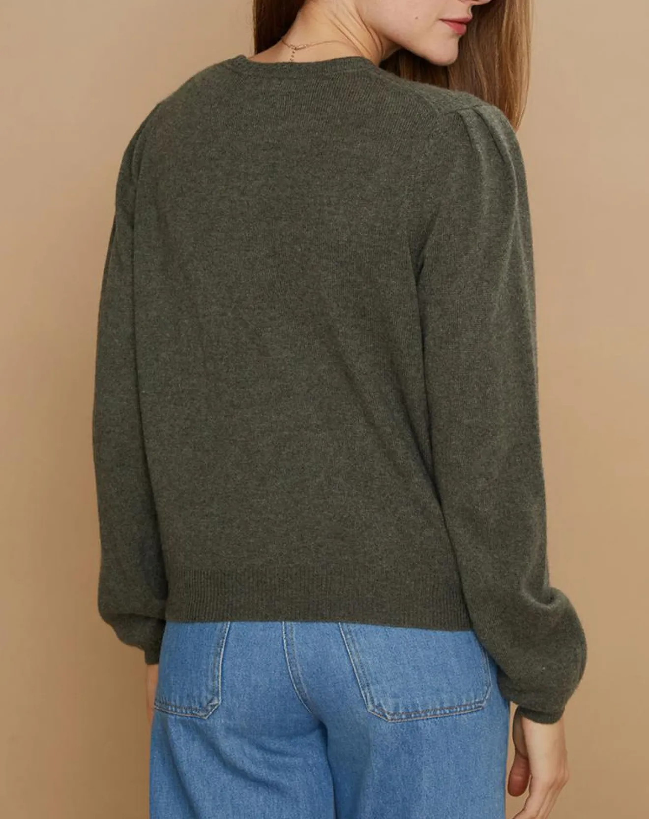 Outlet Cashmere Tribu Pull 100% Cachemire Ines col rond tressé kaki grisé