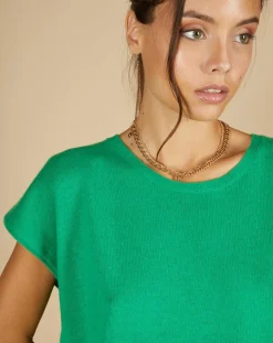 Femme Cashmere Tribu Pull 100% Cachemire Laurène manches courtes émeraude