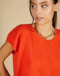 Femme Cashmere Tribu Pull 100% Cachemire Laurène manches courtes orange