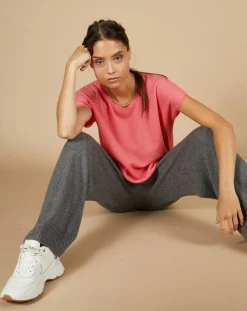 Femme Cashmere Tribu Pull 100% Cachemire Laurène manches courtes rose