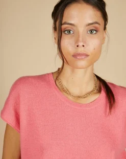 Femme Cashmere Tribu Pull 100% Cachemire Laurène manches courtes rose