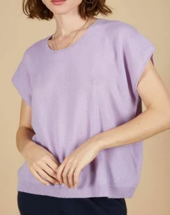 Outlet Cashmere Tribu Pull 100% Cachemire Laurène manches courtes lavande