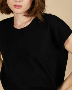 Femme Cashmere Tribu Pull 100% Cachemire Laurène manches courtes noir