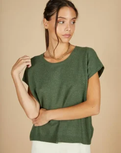 Femme Cashmere Tribu Pull 100% Cachemire Laurène manches courtes kaki