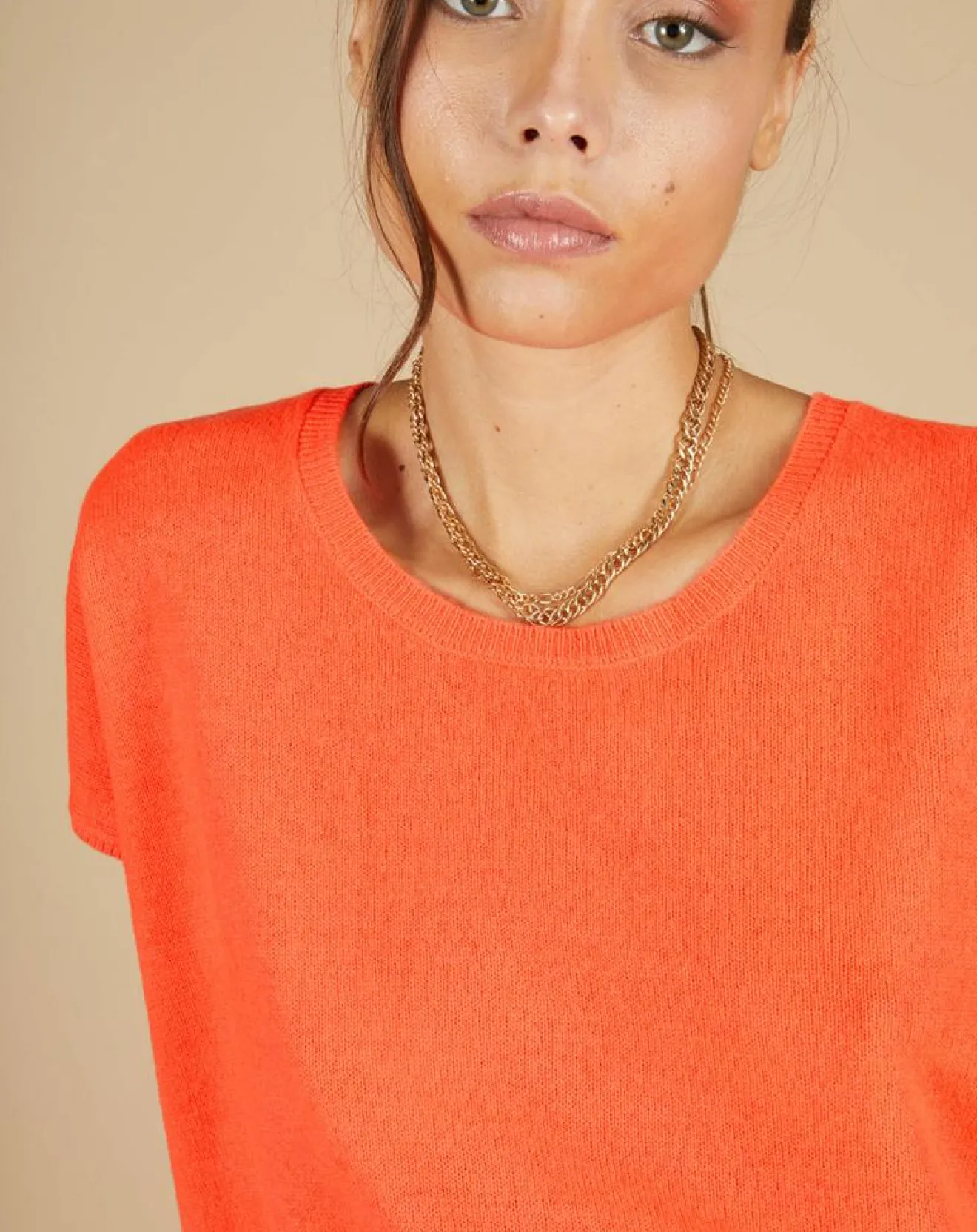 Femme Cashmere Tribu Pull 100% Cachemire Laurène manches courtes corail fluo