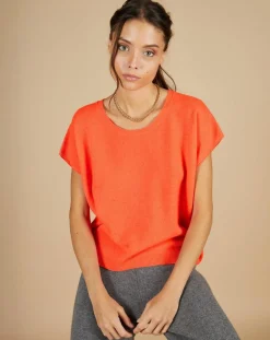 Femme Cashmere Tribu Pull 100% Cachemire Laurène manches courtes corail fluo
