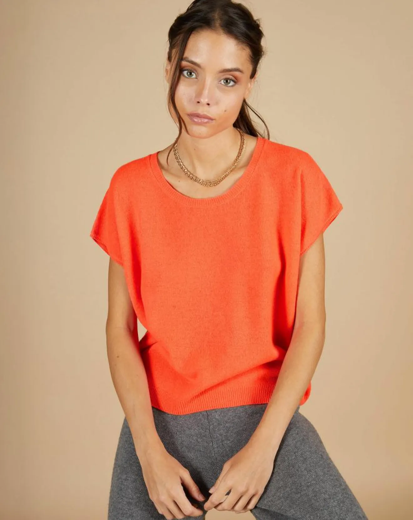 Femme Cashmere Tribu Pull 100% Cachemire Laurène manches courtes corail fluo