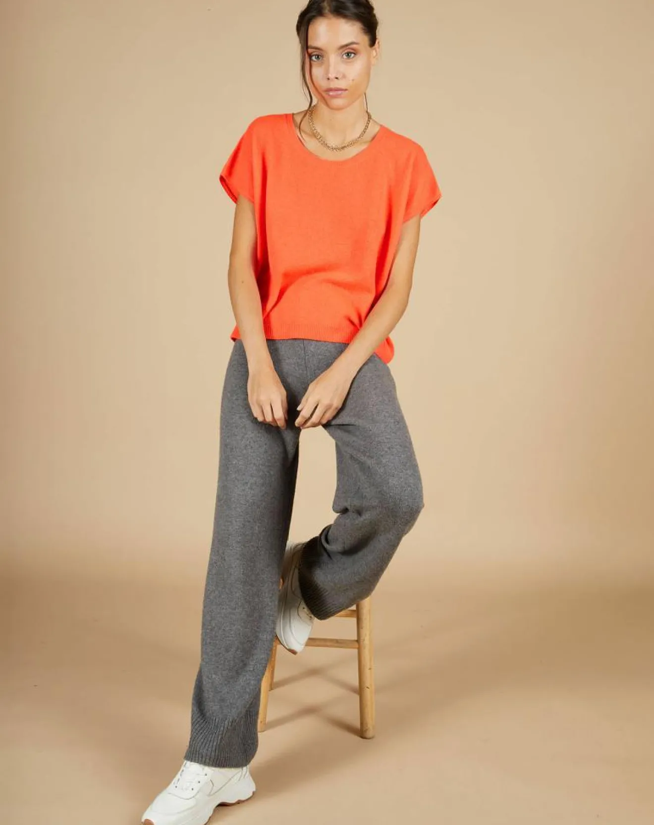 Femme Cashmere Tribu Pull 100% Cachemire Laurène manches courtes corail fluo