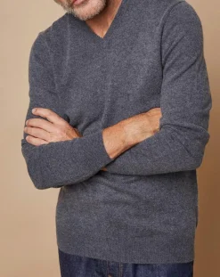 Oscar et Louise Pull 100% Cachemire Lucien col V gris foncé