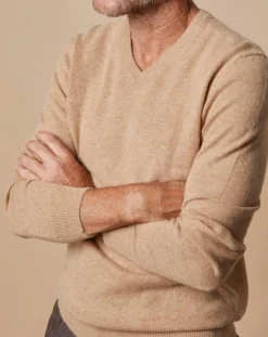 Sale Oscar et Louise Pull 100% Cachemire Lucien col V beige