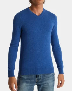 Homme Galeries Lafayette Pull 100% Cachemire Machve col V bleu