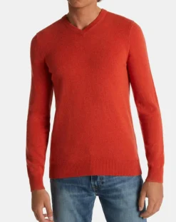 Clearance Galeries Lafayette Pull 100% Cachemire Machve col V orange