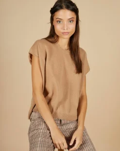 Cashmere Tribu Pull 100% Cachemire manches courtes Charline boutons au dos camel