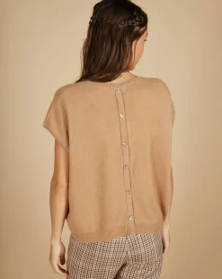 Cashmere Tribu Pull 100% Cachemire manches courtes Charline boutons au dos camel