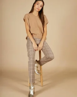 Cashmere Tribu Pull 100% Cachemire manches courtes Charline boutons au dos camel