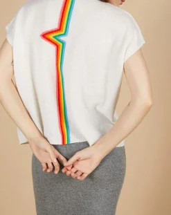 Femme Cashmere Tribu Pull 100% Cachemire Marion à bandes au dos écru