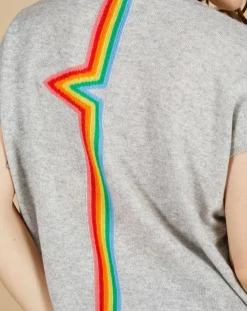 Sale Cashmere Tribu Pull 100% Cachemire Marion à bandes au dos gris chiné