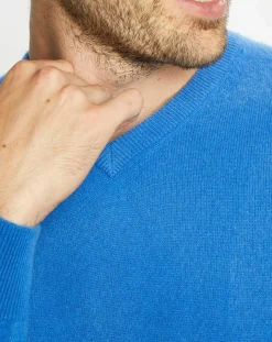 Homme Galeries Lafayette Pull 100% Cachemire Nachve col V bleu