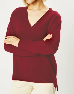 Sale Galeries Lafayette Pull 100% Cachemire Zoé col V profond rouge foncé