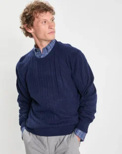 Homme Hackett London Pull 100% Laine d'agneau col rond Cable Fin bleu