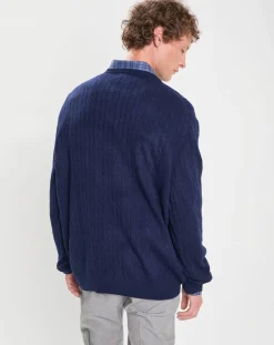 Homme Hackett London Pull 100% Laine d'agneau col rond Cable Fin bleu