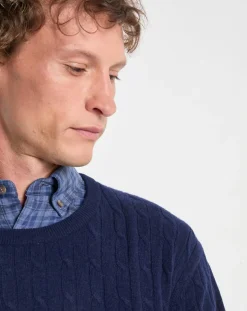 Homme Hackett London Pull 100% Laine d'agneau col rond Cable Fin bleu