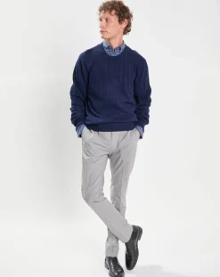 Homme Hackett London Pull 100% Laine d'agneau col rond Cable Fin bleu