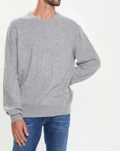 Homme Hackett London Pull 100% Laine d'agneau col rond Cable gris clair