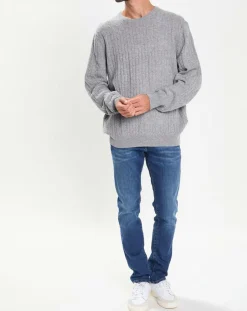 Homme Hackett London Pull 100% Laine d'agneau col rond Cable gris clair