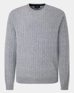 Homme Hackett London Pull 100% Laine d'agneau col rond Cable gris clair