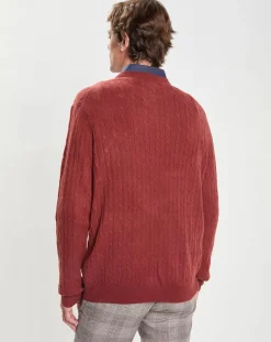 Hot Hackett London Pull 100% Laine d'agneau col rond Cable orange moyen