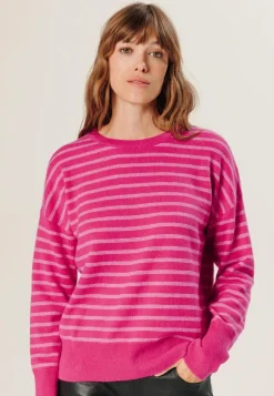 Clearance Rodier Pull Aliénor 100% Cachemire col rond rayé rose tonique