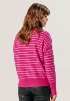 Clearance Rodier Pull Aliénor 100% Cachemire col rond rayé rose tonique