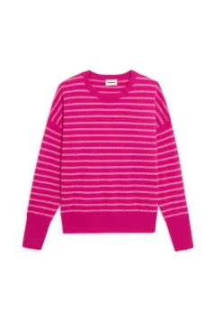 Clearance Rodier Pull Aliénor 100% Cachemire col rond rayé rose tonique