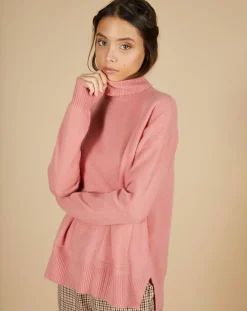 Femme Cashmere Tribu Pull ample 100% Cachemire Alicia Col roulé à poches bois de rose