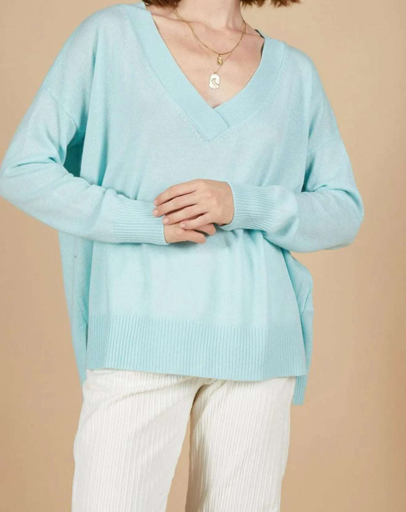 Sale Cashmere Tribu Pull ample 100% Cachemire Isidore col V bleu océan