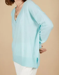Sale Cashmere Tribu Pull ample 100% Cachemire Isidore col V bleu océan
