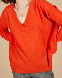 New Cashmere Tribu Pull ample 100% Cachemire Isidore col V orange