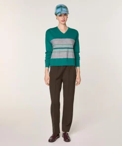 Clearance Rodier Pull Anne-Élodie 100% Laine col V rayures vert canard