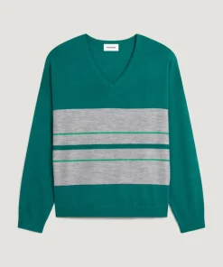 Clearance Rodier Pull Anne-Élodie 100% Laine col V rayures vert canard