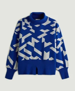 Femme Rodier Pull Azalée, jacquard, col roulé bleu outremer